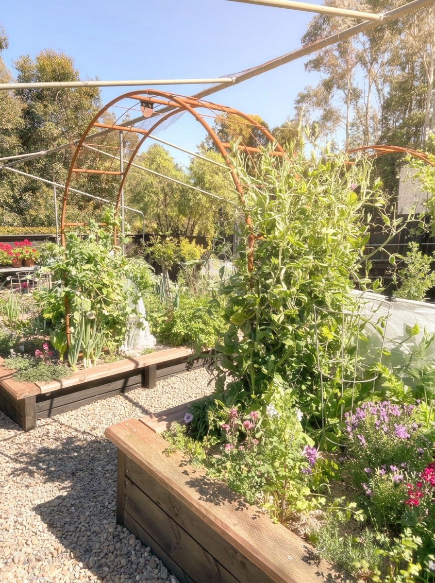 Raised garden beds with rusted metal arches supporting climbing peas and flowering plants